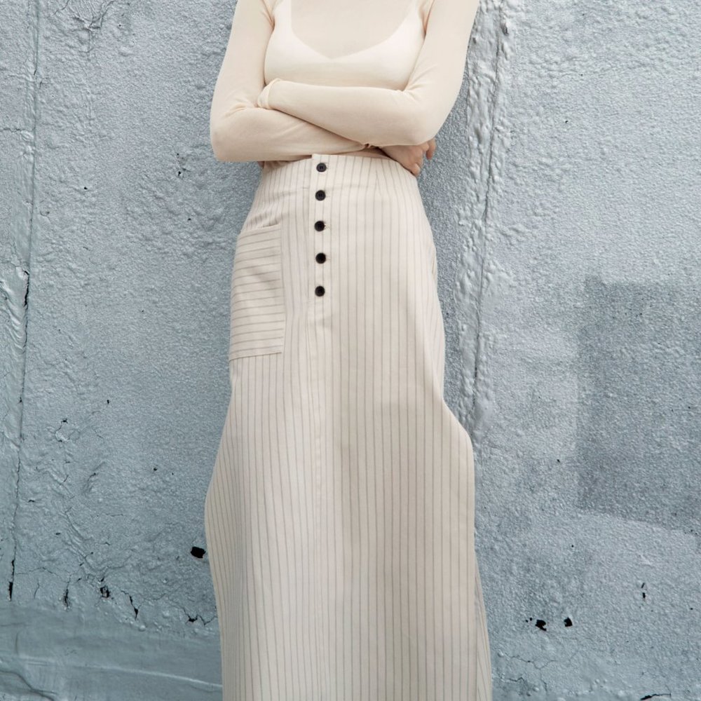 Zara Cotton Striped Side slits Midi Skirt XS NWT